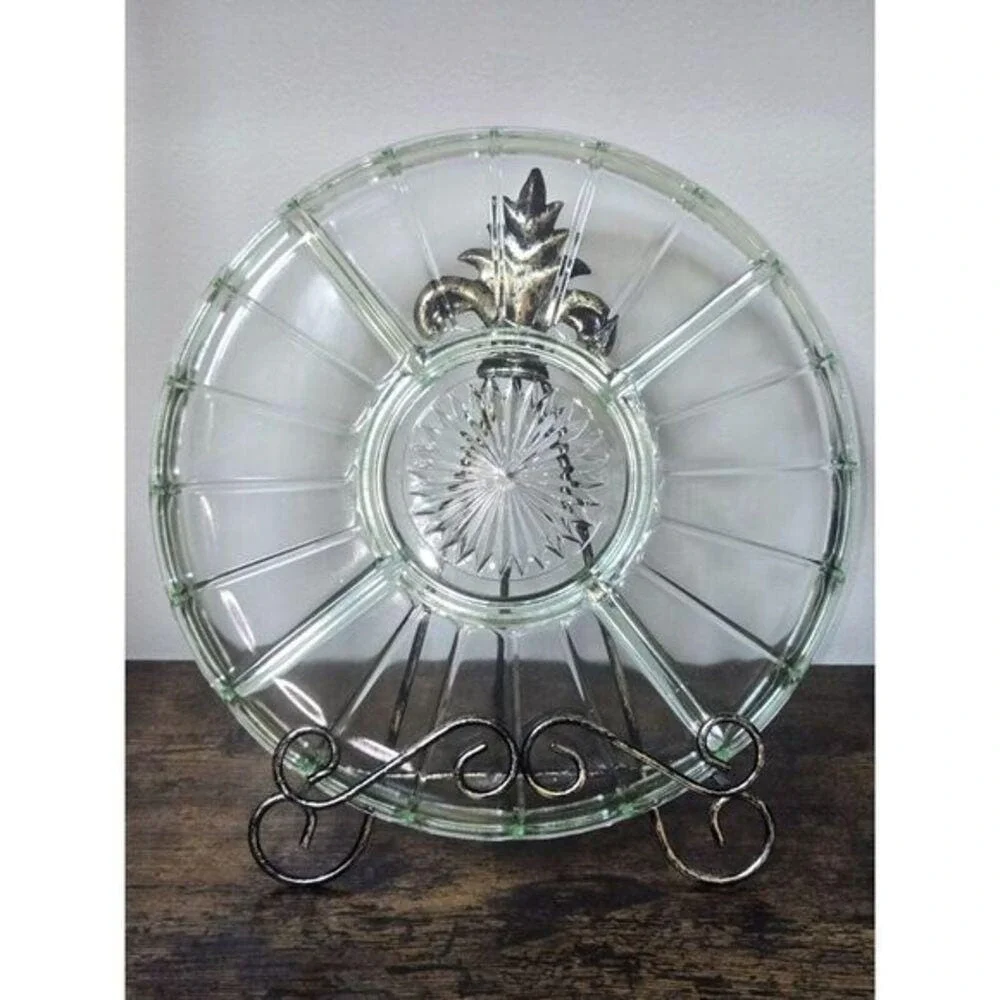 Hazel Atlas Ribbon Green Uranium Depression Glass Divided Relish Dish Tray 10